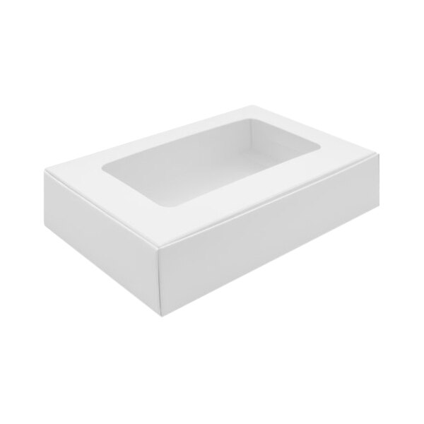 A 7 11/16" x 5" white candy box with a rectangular window.
