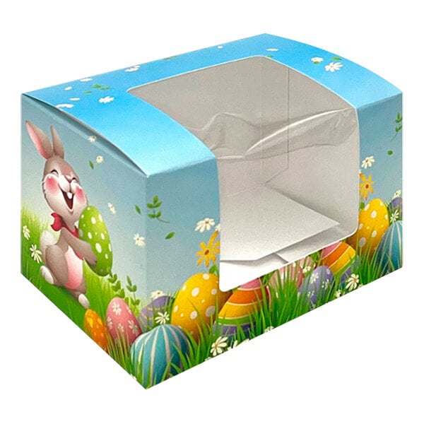 A blue 1/2 lb. Easter egg box with a window and a cartoon bunny holding eggs.