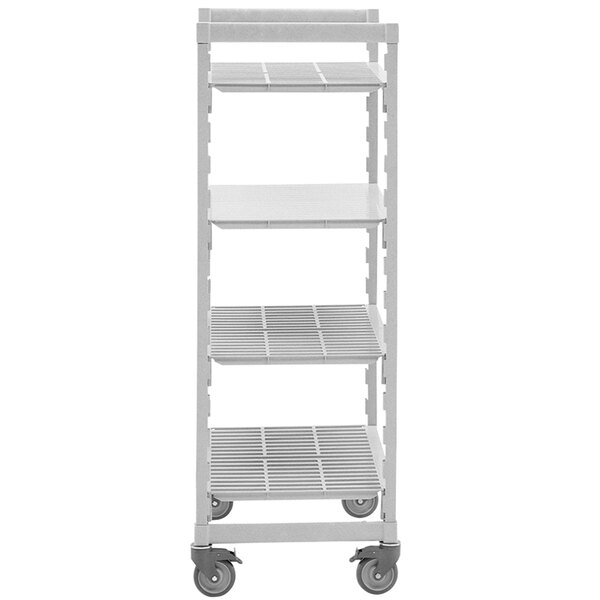 A white mobile shelving unit with 4 shelves on wheels.