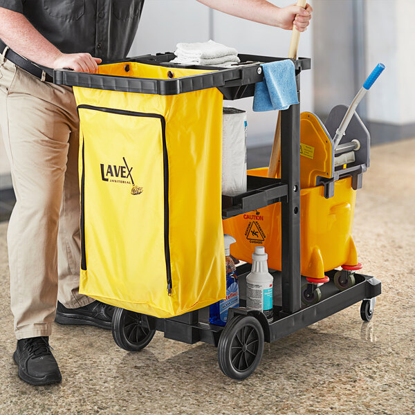 Lavex Blue Cleaning / Janitor Cart Kit with Yellow Mop Bucket, Wet Floor  Sign, Mop, and Caddy