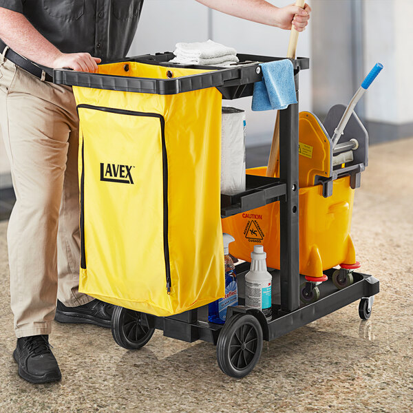Lavex Black 3-Shelf Janitor Cart with Yellow Vinyl Zippered Bag