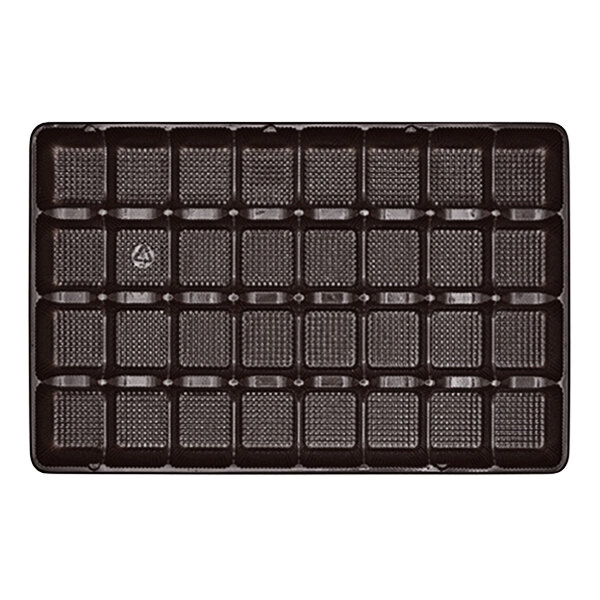 A brown rectangular tray with 32 square cavities.