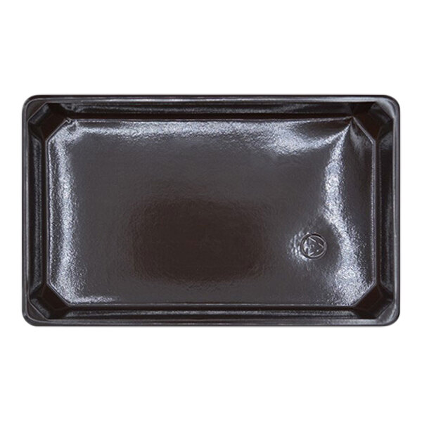 A brown rectangular tray with a logo on it.