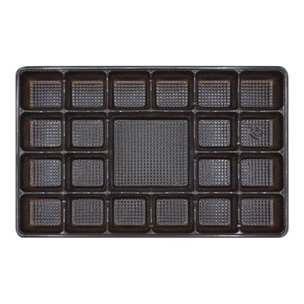 A rectangular black candy tray with square compartments.