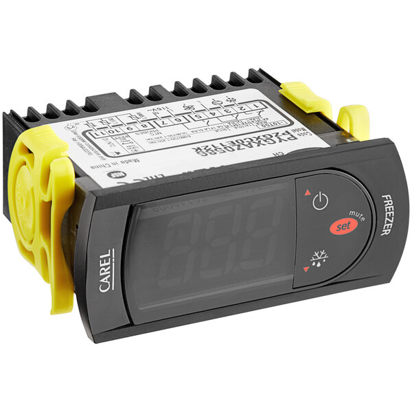 An Avantco Carel digital temperature controller with black and yellow wires.