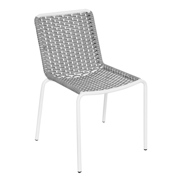 A BFM Seating Captiva white aluminum and gray rope wicker side chair.