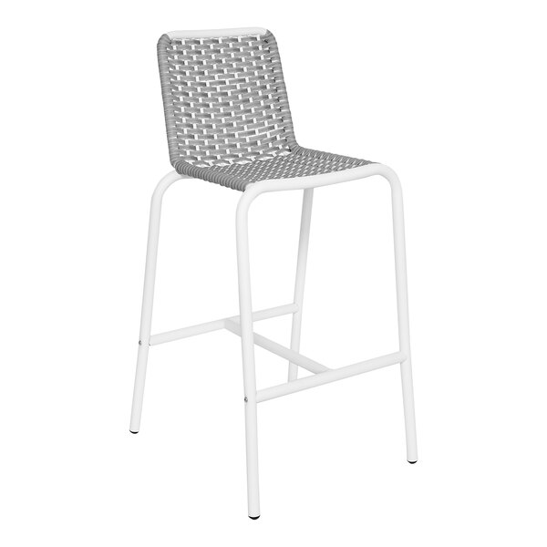 A white BFM Seating Captiva bar stool with a gray rope wicker seat.