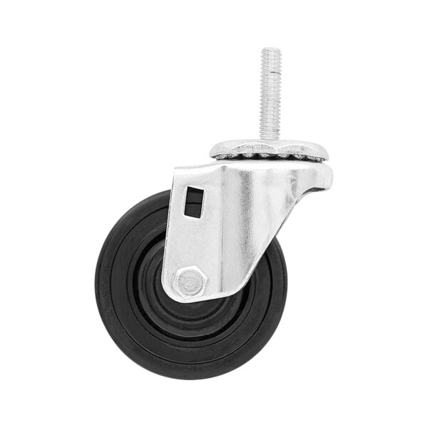 A black and silver Metro 3TM rubber swivel caster with a metal wheel.