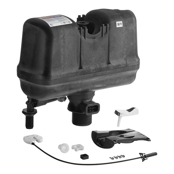 A black plastic Flushmate tank with parts inside.