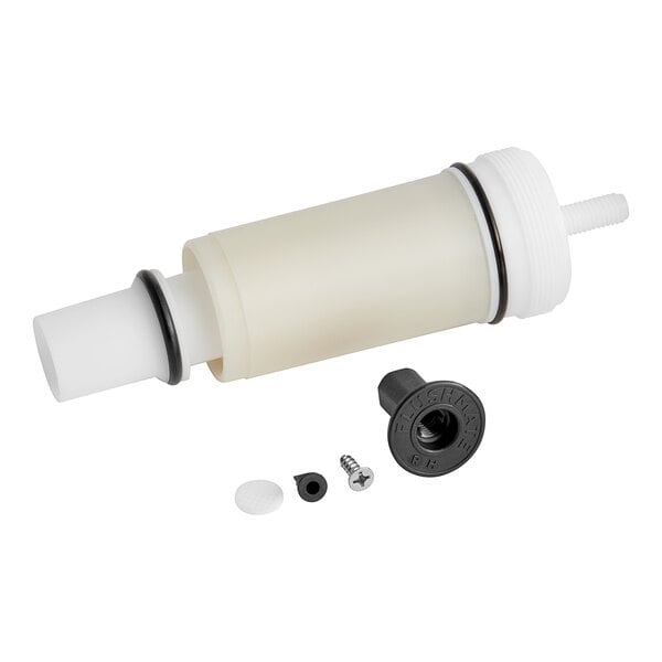 A white plastic water filter with black screws.
