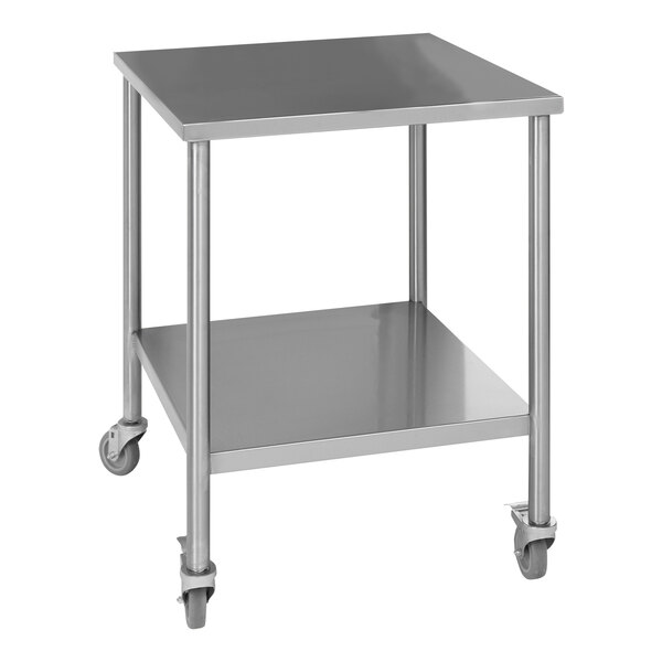 A Doyon stainless steel rectangular table with wheels.