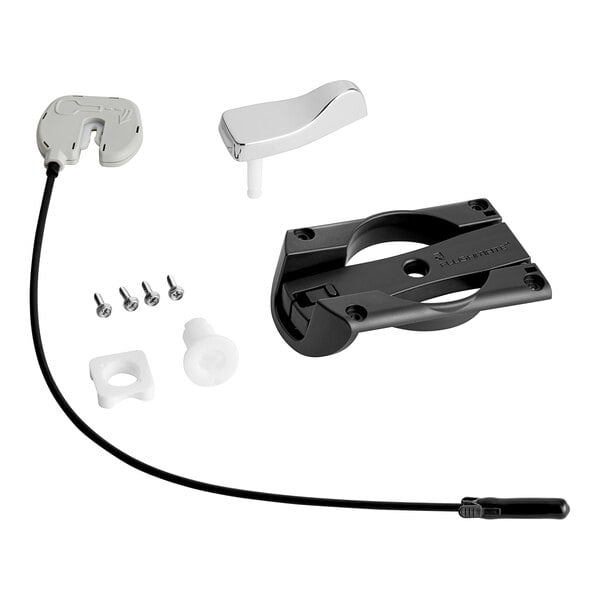 A black and white Flushmate handle replacement kit with a white cable and a black screw.