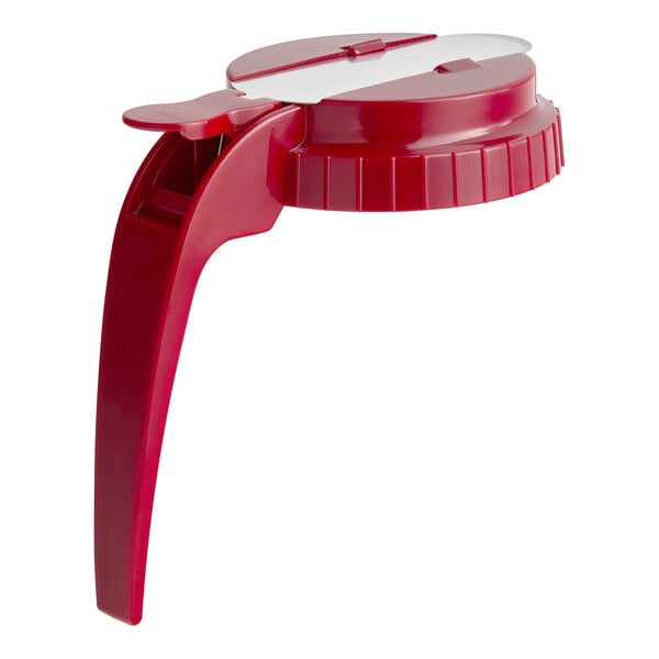 A red plastic Tablecraft dispenser top with a white metal handle.