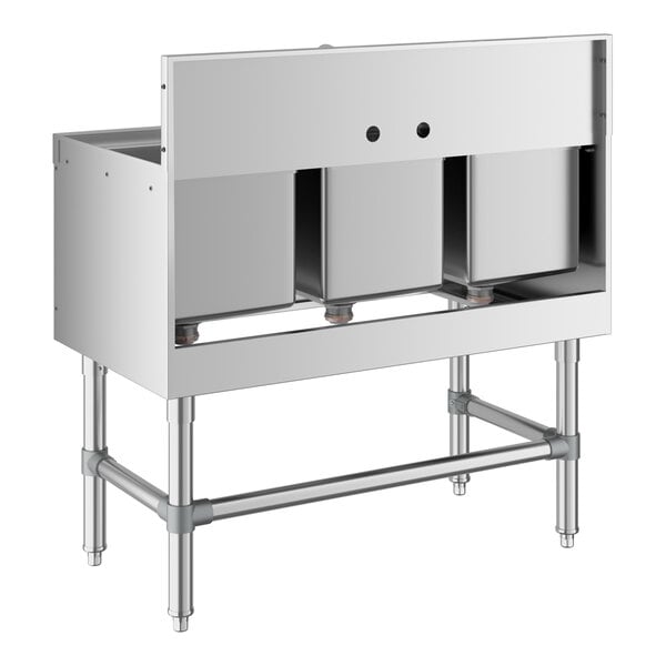 A stainless steel three-compartment sink with an open base and four sturdy legs.