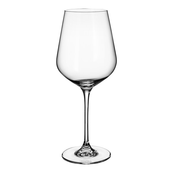 A close-up of a clear Villeroy & Boch La Divina red wine glass with a stem.
