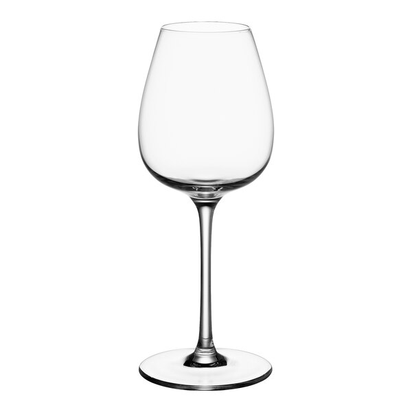 A close-up of a clear Villeroy & Boch red wine glass with a stem.