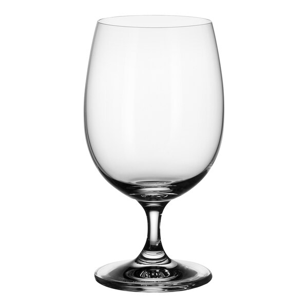 A close-up of a clear Villeroy & Boch La Divina wine glass with a base.