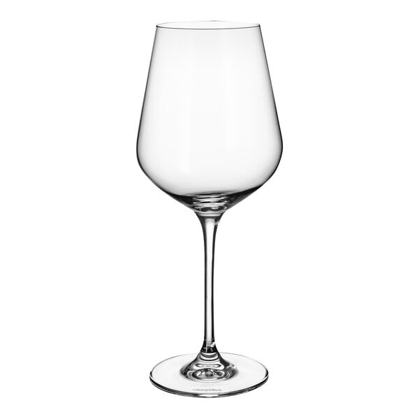 A close-up of a clear Villeroy & Boch La Divina wine glass with a stem.