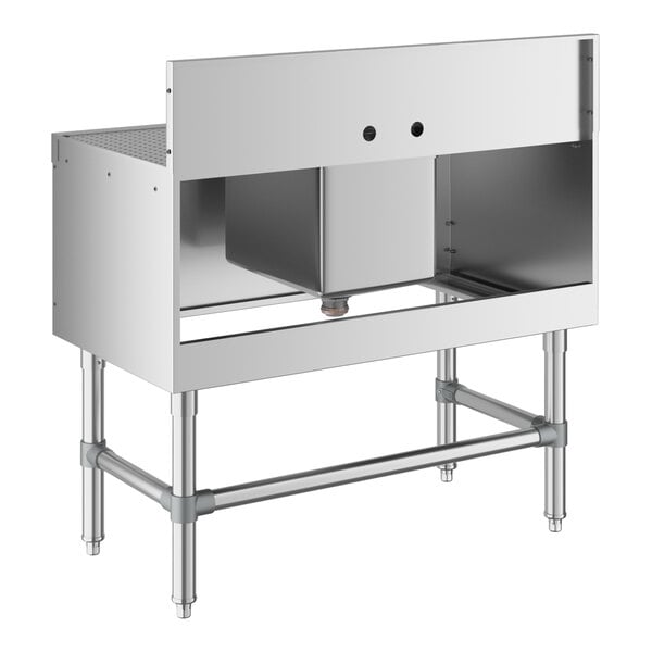 A stainless steel underbar sink unit with one central bowl, two side drainboards, and four sturdy legs.