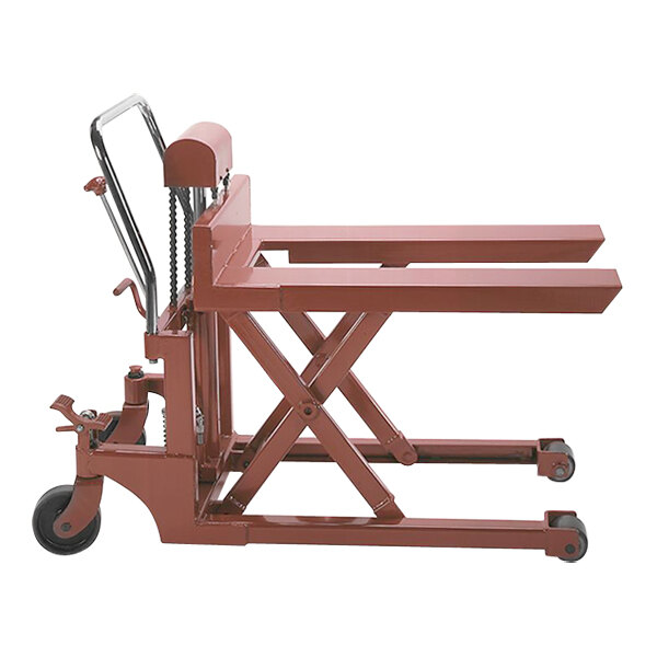 A red Wesco hydraulic pallet truck with metal forks and wheels.