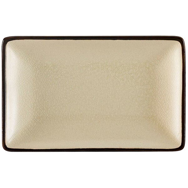 CAC 666-34-W 8 1/2" x 5 1/2" Japanese Style Rectangular Stoneware Plate - Black Non-Glare Glaze / Creamy White - 24/Case