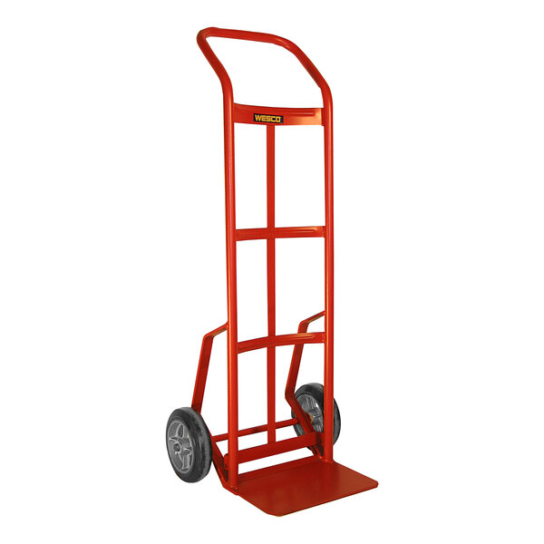 A red Wesco Industrial hand truck with wheels and a handle.