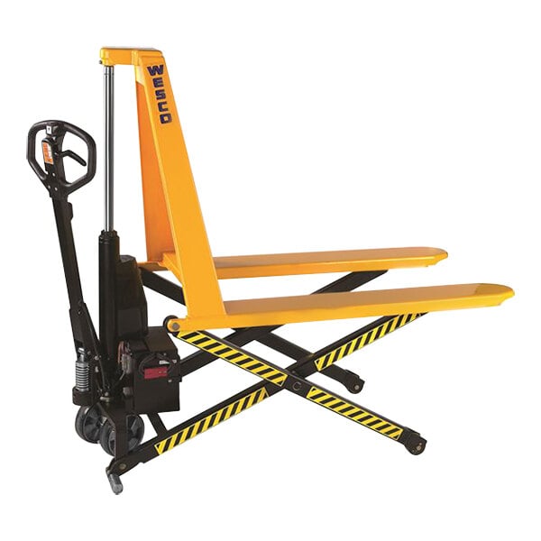 A yellow and black Wesco electric high lift pallet truck with black and yellow stripes.