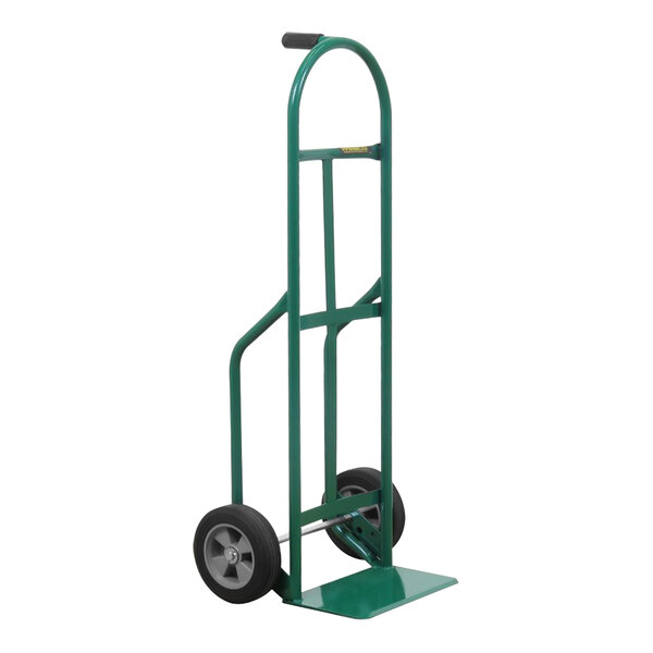 A green Wesco hand truck with black wheels.