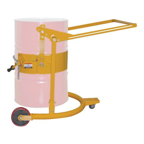 A Wesco yellow drum truck and dispenser with wheels and a handle.