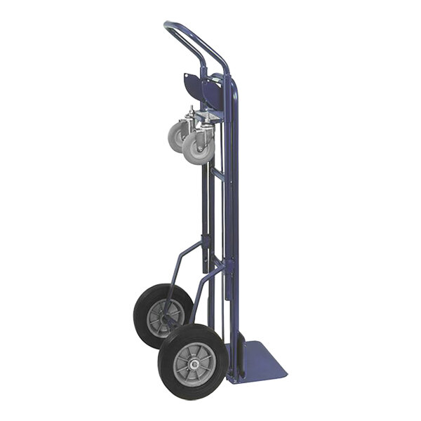 A Wesco blue industrial hand truck with wheels.