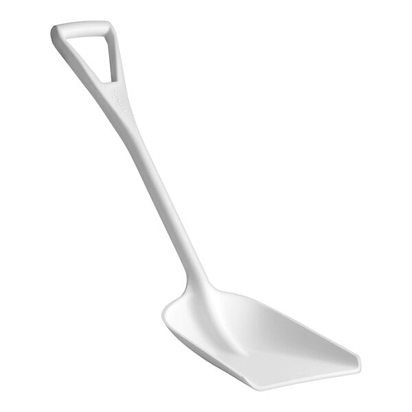 A Carlisle white plastic food service shovel with a handle.