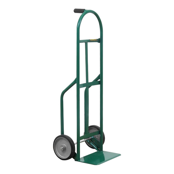 A green Wesco hand truck with aluminum mold-on rubber wheels and a single pin handle.