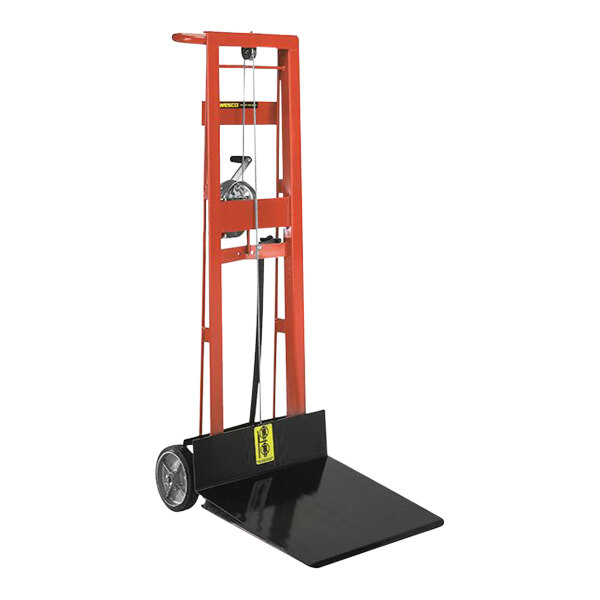 A red and black Wesco Industrial Products 2-wheel steel winch pedalift with a black handle and wheels.