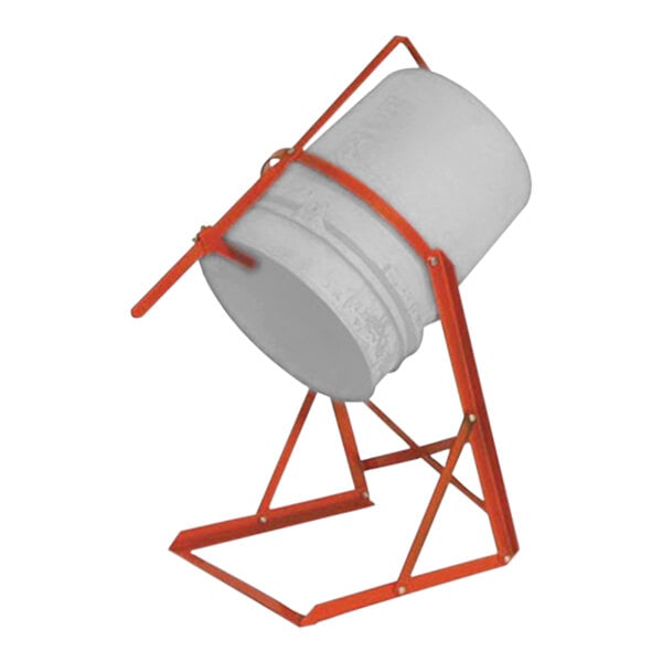 A white cylinder with orange straps attached to a stand.