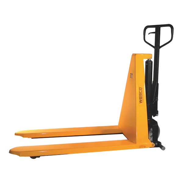 A yellow pallet truck with black handles.