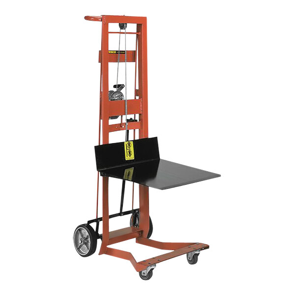 A red and black Wesco Industrial Products lift with a black tray on wheels.