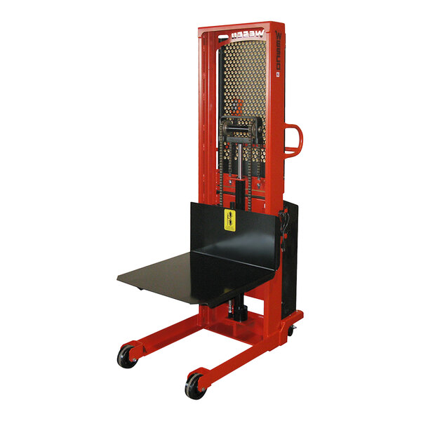 A red and black Wesco Industrial Products hydraulic power lift platform stacker.