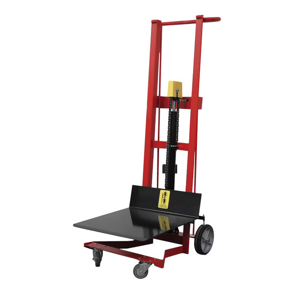 A red and black Wesco Industrial Products hydraulic pedalift with a black platform.