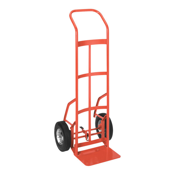 A red Wesco Industrial Products hand truck with black wheels.