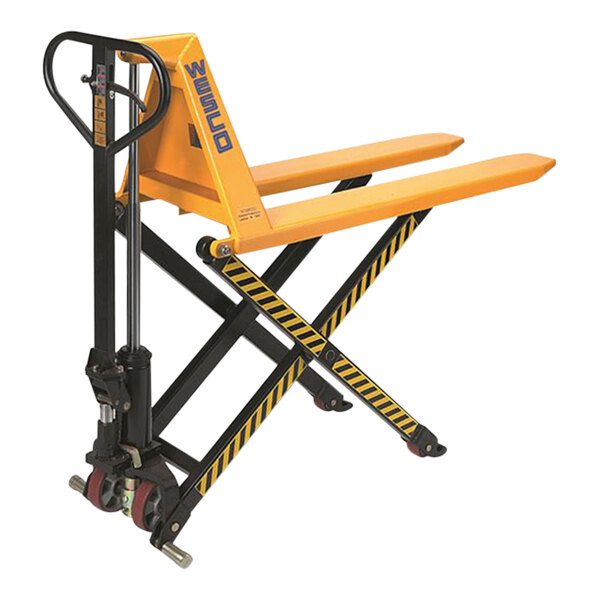 A yellow Wesco manual high lift pallet truck with black wheels.