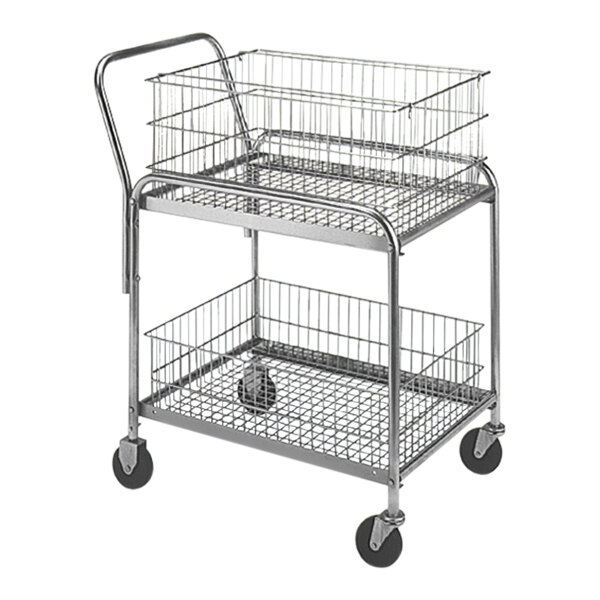 A Wesco metal mail cart with two shelves.