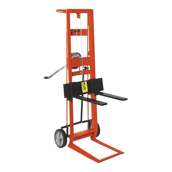 A red and black forklift with a handle and small forks.