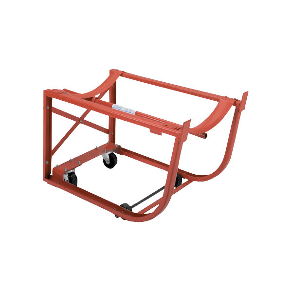 A red steel drum cradle with wheels.