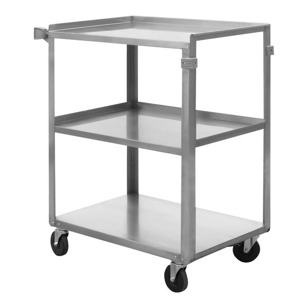A Wesco stainless steel service cart with three shelves and wheels.