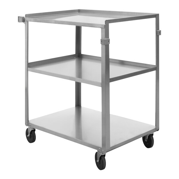 A Wesco stainless steel service cart with 3 shelves and wheels.