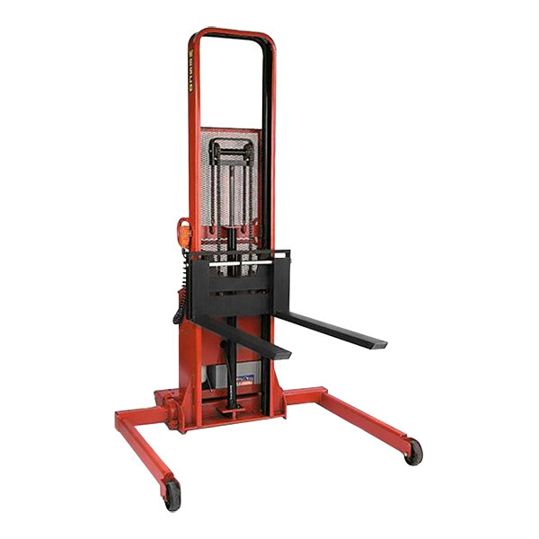 A red and black Wesco Industrial Products lift stacker with a hand truck attachment.