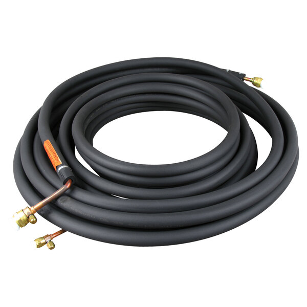 A coiled black Cornelius tubing kit with orange and silver connectors.