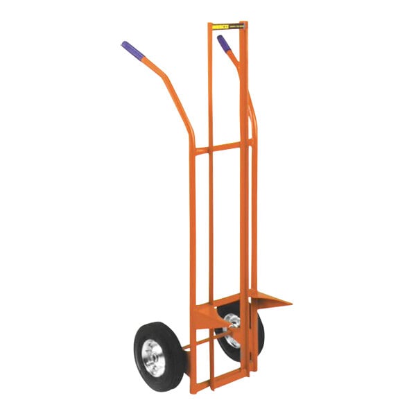 An orange Wesco hand truck with wheels and a white handle.