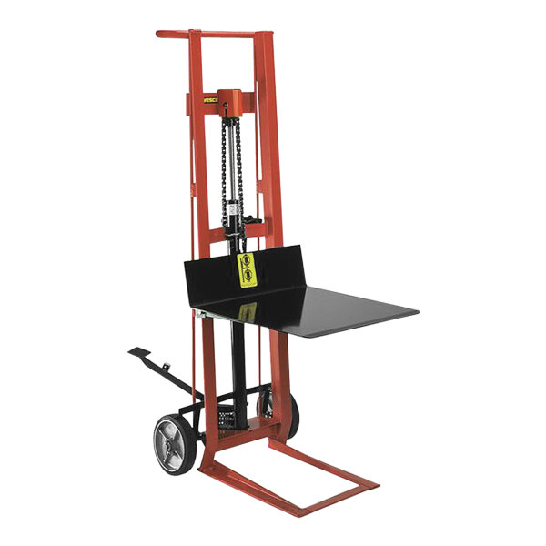 A red and black Wesco Industrial Products hydraulic pedalift with a black table on top.