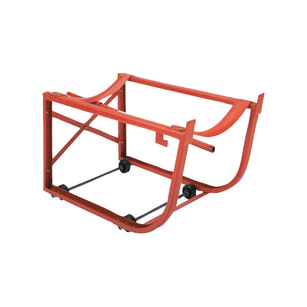 A red steel drum cradle with wheels.